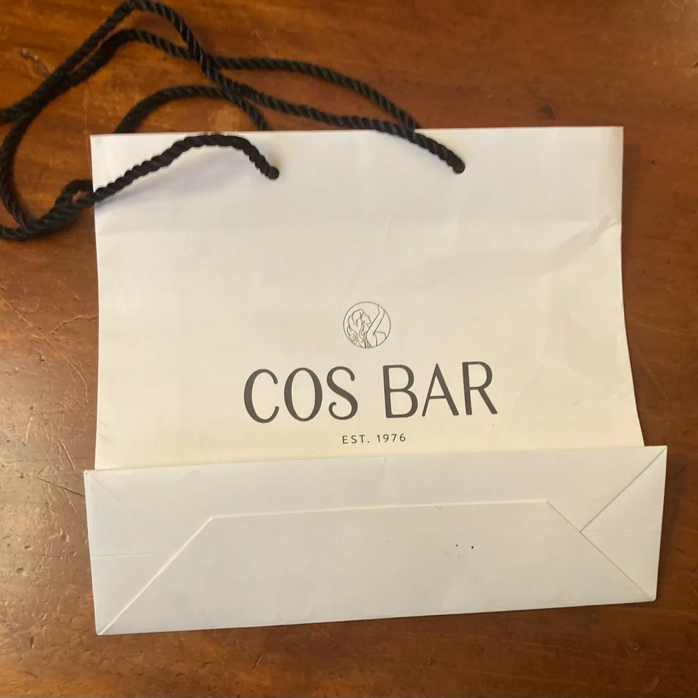 Cos Bar logoEst. 1976 white gloss tote bag black string handles cardboard insert
